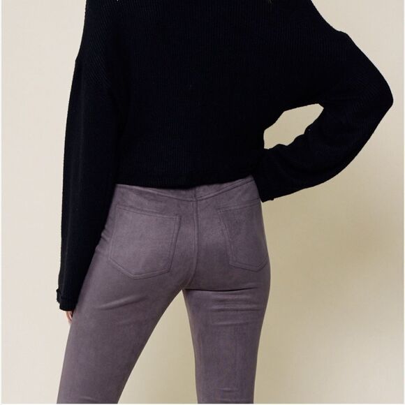 Seamed Gunmetal Gray Tailored Suede Bell Bottom Flare Pants - Picture 3 of 7